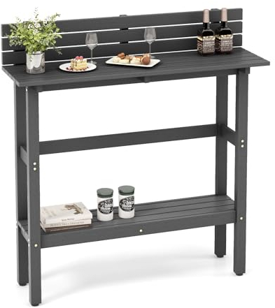 COSTWAY Mesa Alta Bar, Mesa de Bar con Estante de Almacenamiento y Almohadillas de Pies Ajustables, Mesa de Bistro Interior Exterior, Gris, 122 x 39 x 136 cm