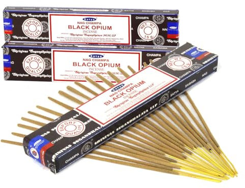 Satya Nag Champa Räucherstäbchen, schwarzes Opium, 100 % natürlich, handgefertigt, für Stressabbau, spirituelle Dekoration, Verschmieren und Meditation, 3 Packungen
