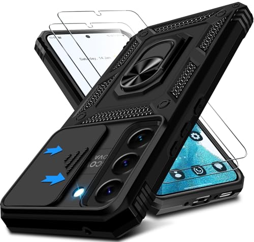 Kameraschutz Handyhülle für Samsung Galaxy S22 Hülle mit Displayschutz*2 pcs, 360 Grad Magnet Metall Ring Halter Galaxy S22 5G Tasche Case Militär Stoßfest Schutzhülle für Samsung S22 Handy (Schwarz)