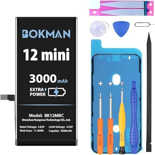 Bokman für iPhone 12 Mini-Akku-Ersatz, 3000mAh Hochleistungs-Li-Ionen-Polymer-Akku mit Allen Werkzeugsätzen, kompatibel mit A2176, A2398, A2399, A2400