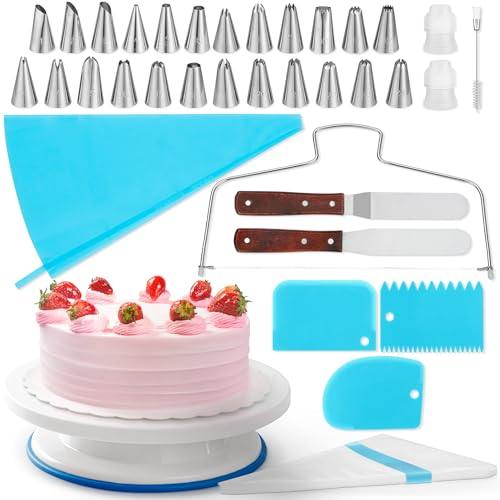 EcoEarth Kuchendekorationsset (65-teilig), Backzubehör-Set mit drehbarem Drehteller und 24 Spritztüllen im einzigartigen Design, Spritzbeuteln, Spateln und mehr