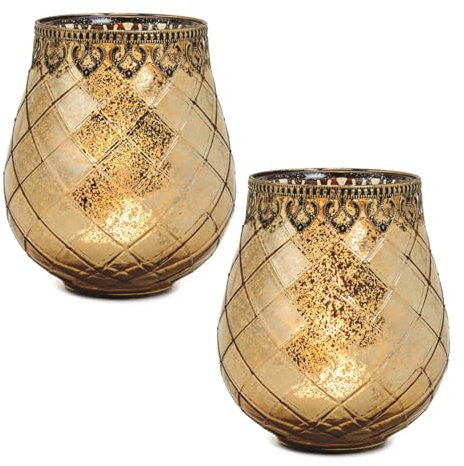 Vintage Windlicht Kerzengläser gold 2er Set in 18 cm - Modernes Windlichtglas als Kerzenständer Laterne und Teelichthalter - Boho Kerzenhalter Teelichtglas als Tisch-Deko, Balkon, Hochzeit