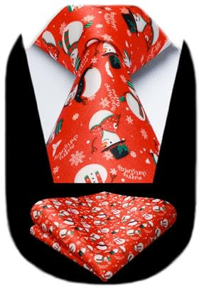 HISDERN Weihnachts Krawatte Herren Rot Krawatte mit Einstecktuch Funny Weihnachtsmotiv Xmas Party Festival Schlips