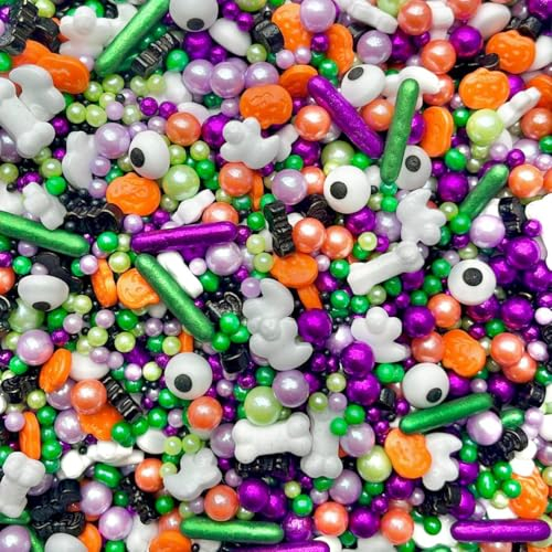 Halloween black lime lilac purple metallic vegan sprinkles edible eyes pumpkins ghosts bones spooky pearls rods cupcake cake toppers party decoration 100s 1000s TRICK OR TREAT