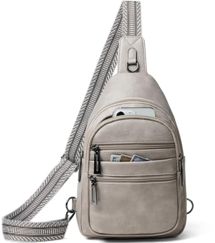 Leresas Umhängetasche für Damen und Herren, 7 l, 4 Reißverschlusstaschen, trendige Umhängetasche, Bauchtasche, Geldbörse, Rucksack, veganes Leder, Reisen, Hellgrau