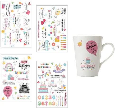 Rub on Sticker, 4 Blatt Rub on Folie, Transferaufkleber, Sprüche Aufkleber für Möbel, Glas, Holz, Kerzen, Scrapbooking, Fotoalbum, DIY Deko (Geburtstag, Bunt)