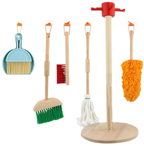 Zuasdvnk Set di 6 giocattoli per la pulizia in legno per scopa e giocattoli per la pulizia per strumento di pulizia staccabile per giocattoli per la pulizia della casa, regalo per ragazze