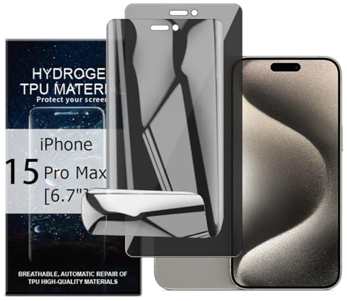 Glcrrpu 2 Pack Privacy Hydrogel Screen Protector for iPhone 15 Pro Max | Anti-Spy Self-Healing, Bubble-Free, Fingerprint Compatible - Not Glass