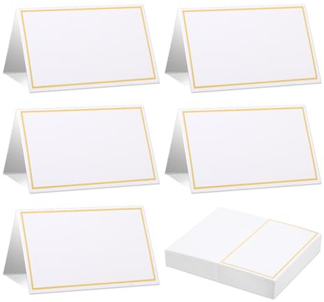 Lot de 50 marque-places vierges avec bordure en feuille d'or pour mariages, banquets, dîners (taille pliée : 5,1 x 9,5 cm) (blanc)