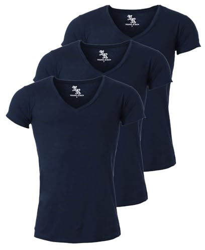 Young & Rich Herren Uni T-Shirt mit extra tiefem V-Ausschnitt Slimfit Stretch Dehnbare Passform einfarbiges Basic Shirt - 3er Pack, Grösse:3XL, Farbe:Dunkelblau
