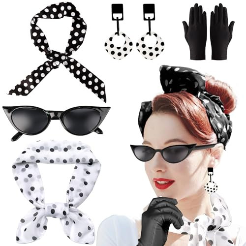 Moiuguli 7 Stück Rockabilly Accessoires Damen 50er Jahre Accessoires Damen, 1950s Kostüm Set Polka Dots Hut Bandana Haarband Ohrringe Halskette Handschuhe Katzenaugen Brille Vintage Party Karneval