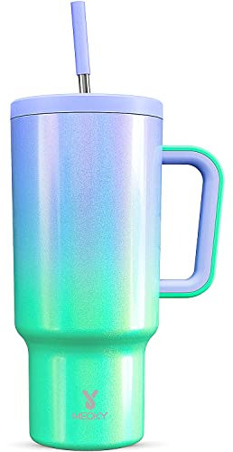 Meoky Mug Isotherme avec Paille et Poignée 1.2L, Tasse Isotherme 100% Anti-fuite, Chaud Pendant 12 Heures, Froid Pendant 34 Heures, Thermos Sans BPA (vert et violet)