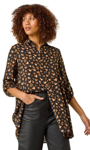 Roman Shirt for Women Ladies Cotton Blouse Button Through Tunic Printed Top Work Long Sleeve Smart Casual Going Out Work Office V Neck Everyday Evening Event - Noir Orange - Size 14