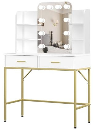 Panana Schminktisch mit LED Hollywood Spiegel und Hocker, Frisiertisch mit 2 Schubladen, Kosmetiktisch mit 3 Lichtmodi, Schminkkommode mit Goldenen Metallbeinen (White)
