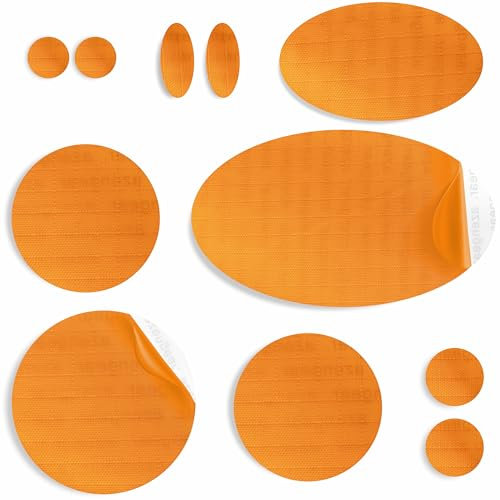 aZengear Repair Patches for Down Jackets, Puffer Coats, Waterproof, Self-Adhesive, Pre-Cut, Tear-Cold-Heat-Resistant Nylon Polyester Fabric, Fix Air Mattress, Inflatables, Tents (11 Pcs, Gold Orange)