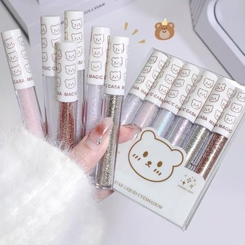 KARLOR Flüssig Glitzer Augen Set, 6 PCS Lidschatten Glitter Eyeshadow liquid Glitzer Lidschatten Highlighter Diamond Eyeshadow Stick silber golden lila Shimmer Perlglanz Augen Highlighter