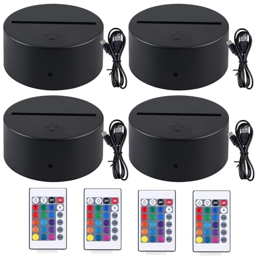 GOMETY 4 Stück 3D LED Nachtlicht Lichtsockel, LED Sockel mit Fernbedienung und USB-Kabel, 3D Illusion Lampe 7 Farben Lichter Dimmbar, Dekoration Lampe für Acryl und Plexiglas, dekorative Lichter