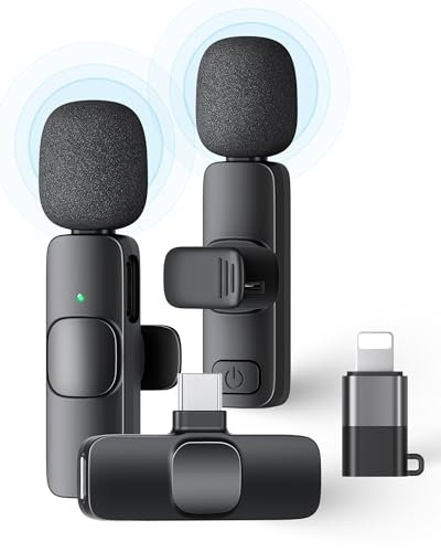 Wireless Lavalier Microphone for iPhone & Android, 2 Pack Mini Mic with Noise Cancellation, Clip-On Lapel Mic for Video, Vlog, YouTube, TikTok, Interview, Podcast, Plug & Play