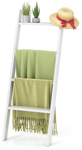 COSTWAY Porte-Serviettes 4 Niveaux, Échelle à Couvertures, Vêtements, Journaux, Étagère en Bois pour Présentation et Rangement, pour Salle de Bain, Salon, Chambre (Blanc)
