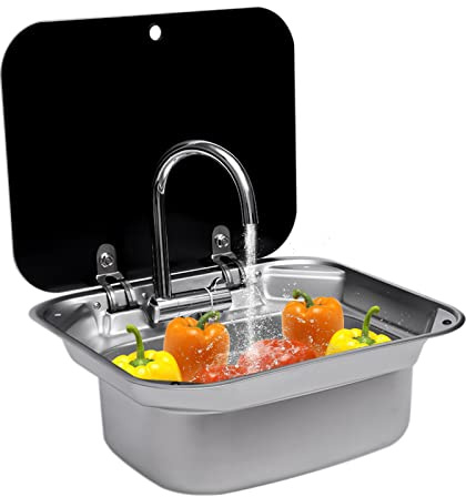 Ensemble d'évier en acier inoxydable avec robinet et couvercle en verre – Évier de camping à fermeture éclair 41,5 x 37 x 16 cm pour camping-car, camping-car, Tiny House | 304 inoxydable