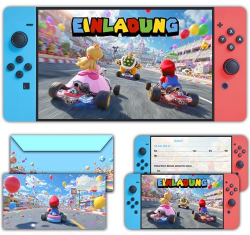 Fun4kid 12x Partyeinladungen Kinder, Geburtstagseinladungen für Jungen mit Umschlägen - Switch Gaming Thema für Kinder und Jungen - Vorgefüllte Geburtstagseinladungskarten auf Deutsch für Partys