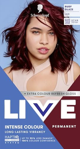 Schwarzkopf LIVE Intense Colour Hair Dye, U68 Ruby Glaze | Permanent Hair Dye, HaptiQ Anti-Damage System, Long-Lasting Results, with Colour Refresh Gloss