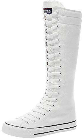 ANUFER Ragazze Donna Al Ginocchio Stivali di Tela Lacci Zip Piatto Scarpe Sportive Bianco F888 EU38