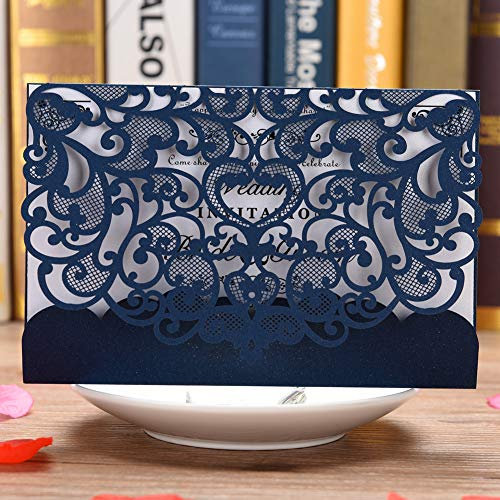 Eleva Confezione da 50 biglietti di invito per matrimonio, tagliati al laser, con carta bianca stampabile e buste, blu navy