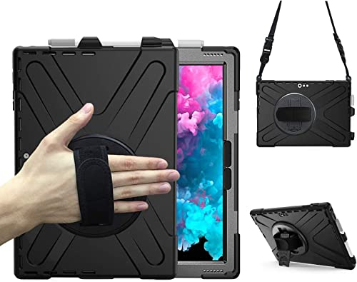 Junfire Panzerhülle Silikon für Microsoft Surface Pro 7 Plus/Pro 7/Pro 6/Pro 5 12,3 Zoll, Hülle Stoßfest und Robust mit 360 Grad Drehbar Stände, Handschlaufe, Schultergurt und Stifthalter-Schwarz