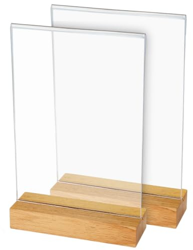 HMF Acryl Tischaufsteller im DIN A5 Hochformat, Tischkartenhalter mit massivem Holzfuß aus Eiche, 2 Stück, T-Aufsteller, Glasklar