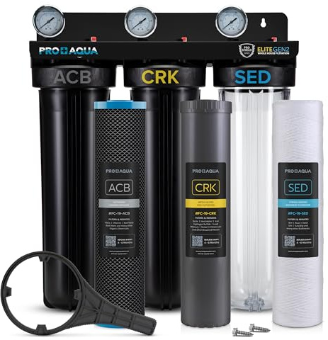PRO+AQUA Elite Series GEN2 PRO-100-E 3-Stage Whole House Water Filtration System for City & Well Water with Pressure Gauges | Reduces Contaminants, Sediment, Chemicals, Heavy Metals, with 1” Ports