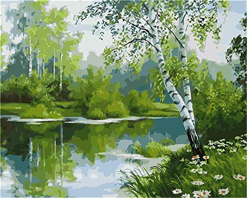 YEESAM ART DIY Ölgemälde Malen nach Zahlen Erwachsene Kinder, Fluss Grün Wald Bäume Landschaft Zahlenmalerei ab 5 Öl Wandkunst (Grün, mit Rahmen)