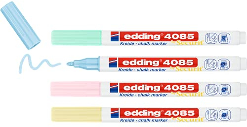 edding 4085 Kreidemarker - gelb, grün, rosa, blau (pastell) - 4 Kreidestifte - Rundspitze 1-2mm - Kreidestift für Tafel abwischbar - für von Fenster, Glas, Spiegel - Tafelstifte mit deckenden Farben