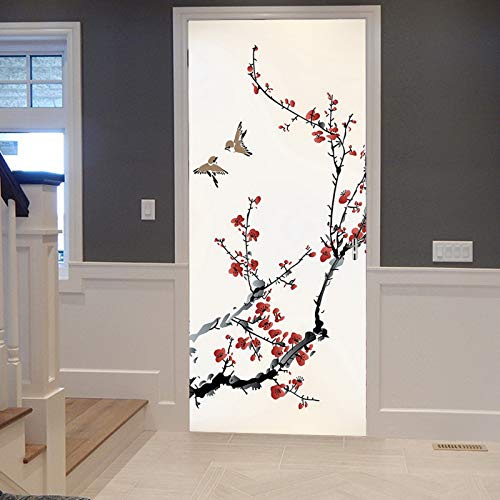A.Monamour Türtapete Selbstklebend Türfolie Türposter 3D Japanische Tuschemalerei Sakura Blüht Kirschbaum Zweig Vögel Vinyl Folie Türdeko Tapete Wandbild Türaufkleber Türtattoo 83 x 204 cm