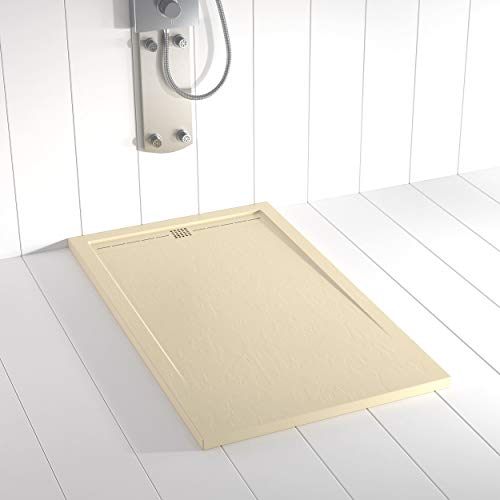 Shower Online Plato de ducha Resina FLOW - 80x160 - Textura Pizarra - Antideslizante - Todas las medidas disponibles - Incluye Rejilla Color Crema y Sifón - Crema RAL 1015