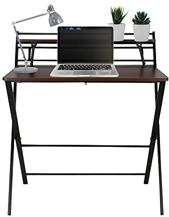 hjh OFFICE 821003 Escritorio Trabajo Plegable Easy Clap 80x50 Mesa Ordenador con Estante, Ahorra Espacio, Nogal/Negro