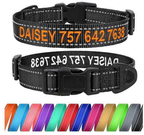 TagME Personalisierte Hundehalsband für Mittlerer Hund Mit Gestickten, Reflektierendes Nylon Hundehalsband Mit Pet Name & Telefonnummer, Schwarz M