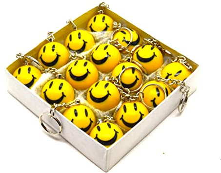 Boîte de 16 porte-clés visage acide vieille école raver emoji heureux jaune musique des 90 amis de la fête porte-clés boule de billard (OLDSKOOL ACID FACE)