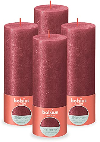 Bolsius Rustik Stumpenkerzen - Shimmer Rot - Set 4 Stück - Dekorative kerzen - Brenndauer 60 Stunden - Unparfümierte - Enthält Natürliches Pflanzenwachs - Ohne Palmöl - 19 x 7 cm