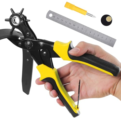 Diyife Lochzange, [Volles Set] Professionel Gürtel Locher mit Lochgrößen-Zifferblatt, Haushalt Revolverlochzange, mit Schleifstab, Für Gürtel, Kunsthandwerk, Karte, Gummi, usw.(Gelb)