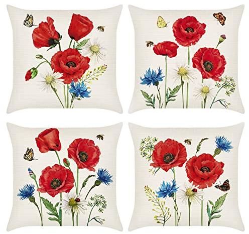 Bonhause 4er Set Kissenbezüge Blumen Rote Mohn 45 x 45 cm Polyester Leinen Dekorative Kissenhülle Zierkissenbezüge für Sofa Schlafzimmer Wohnzimmer Auto Zuhause Dekoration