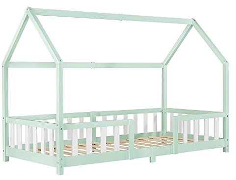 [en.casa] Kinderbett Sisimiut Hausbett Montessori 90 x 200 cm mit Rausfallschutz Holzbett für Kinder Bodenbett Lattenrost Kiefernholz Mintgrün/Weiß