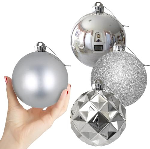 Silberne 10,2 cm große Weihnachtskugeln – Weihnachtsbaumschmuck, Ornamente, bruchsicher, hängende Kugeln für Geburtstag, Valentinstag, Ostern, Karneval, Urlaub, Hochzeit, Dekorationen, Set mit 4 Stück