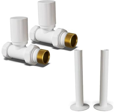 UK Radiators Round White Radiator Valves and Pipe Covers - White Gloss Finish - Classy and Modern Design 1/2 x 15mm Straight Radiator Valves - Pair of Valves with 130mm Pipe Covers