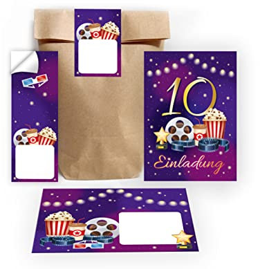 12 Einladungskarten zum 10. Kindergeburtstag Kino zehnte Geburtstag Mädchen Jungen Cinema Kino-Party incl. 12 Umschläge, 12 Tüten/natur, 12 Aufkleber