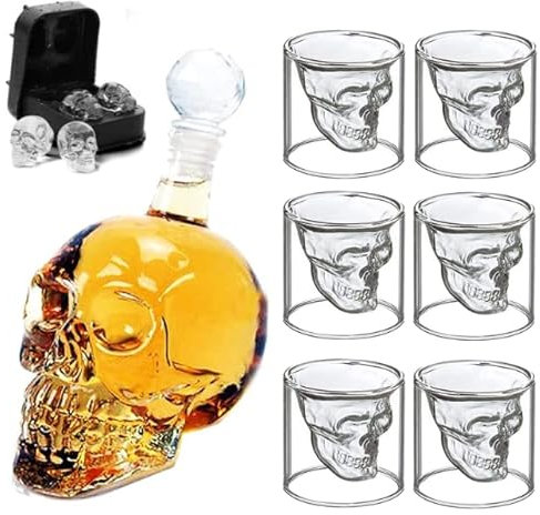 Novelty Skull Decanter with Heavy Stopper Plus x6 75ml Skull Shaped Drinking Glasses - Ideal Spirts, Whiskey, Tequila, Wine Gift Set (700ml Decanter + 6X 75ml Glasses + Ice Cube Mould)