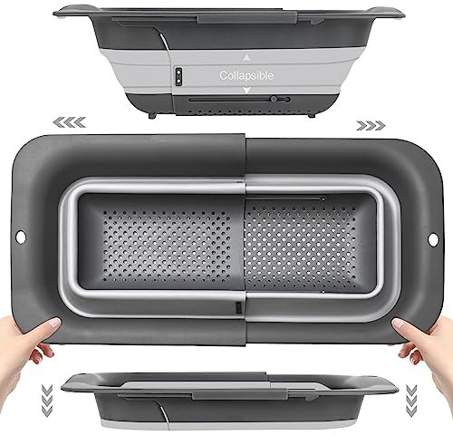 ROTTOGOON Collapsible Colander Strainer, Expandable Over the Sink Colander for Kitchen, Adjustable Silicone Sink Strainer, Foldable Large Colander Basket to Wash Vegetable, Fruit, 15 to 19.8, Gray