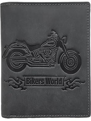 LOLUNA® Portefeuille Moto Cuir Vintage, RFID Blocage, 3 Volets avec Pression, Carte, permis, identité et Monnaie - Idée Cadeau (Noir Moto)
