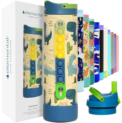 Elemental Iconic Pop Kids Water Bottles with Pop Strap - Triple Wall Leakproof Insulated Stainless Steel Water Bottle - Dishwasher Safe and BPA Free Water Bottle with Straw - Dinosaur - 591 ml