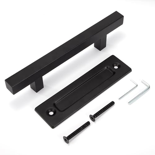 Johotone Sliding Door Handle Square Barn Door Handle Heavy Duty Double Sided Pull and Flush Door Handle Set for Gate Garages Wooden Door 12/30cm Black